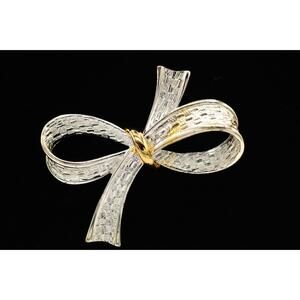 Vintage Big Chunky Bow Pin Brooch 2.25" Silver Gold Tone Textured 1980s Bin5A